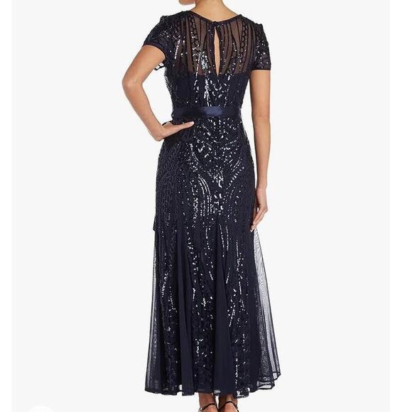 R&M Richards Navy Blue Sequin Satin Waist Belted Party Cocktail Maxi Dress 8us - Picture 14 of 14